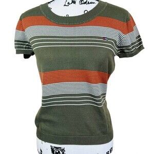 Tommy Hilfiger women sweater green white stripes short sleeve knit top size S